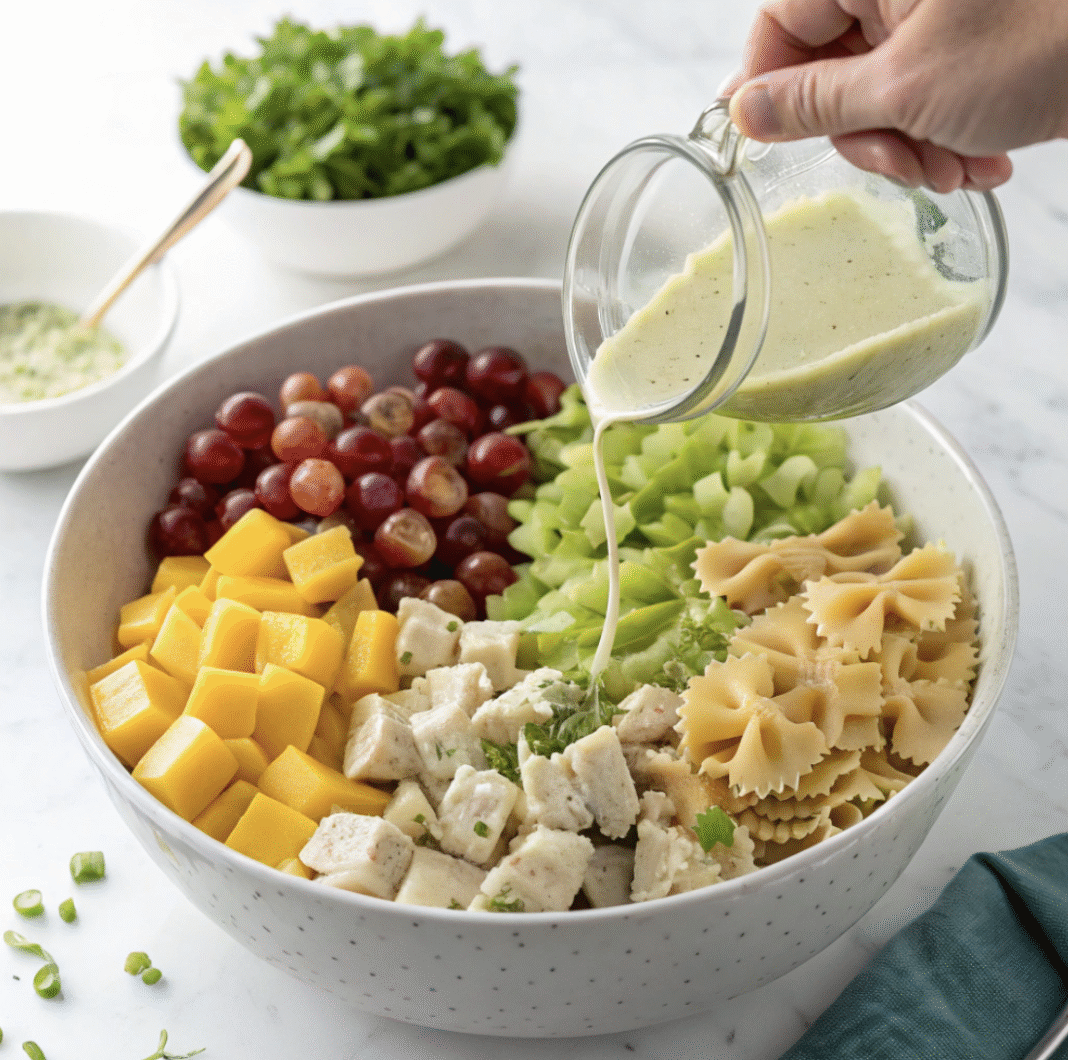 Fit Fusion Hacks Mango Chicken Pasta Salad with Citrus Basil Dressing