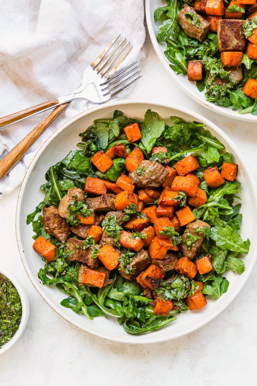 Fit Fusion Hacks Fall Steak Salad with Sweet Potatoes and Chimichurri