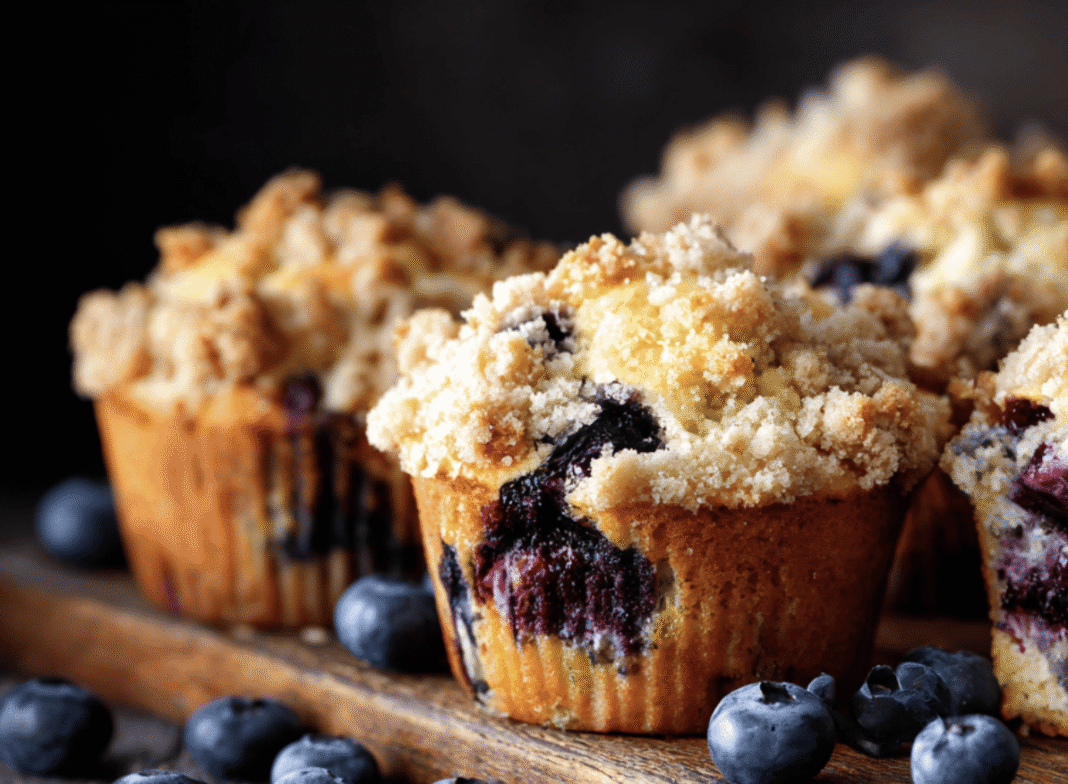 Bakery style blueberry muffins with struesel topping on a wooden cutting board 
