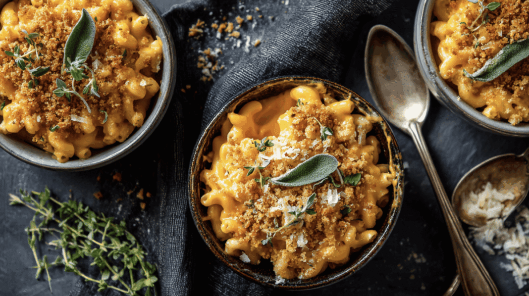 butternut squash mac and cheese with fresh sage in serving bowls on a blue linen