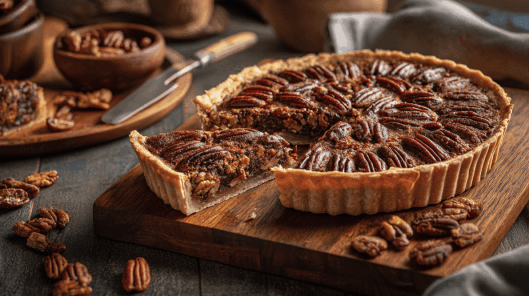 pecan pie on a wooden board with a slice cut out and scattered pecans