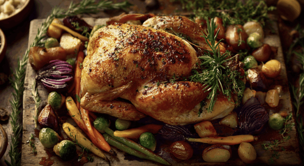 A roasted thanksgiving turkey with roasted vegetables and displayed on a wooden cutting board with fresh herbs