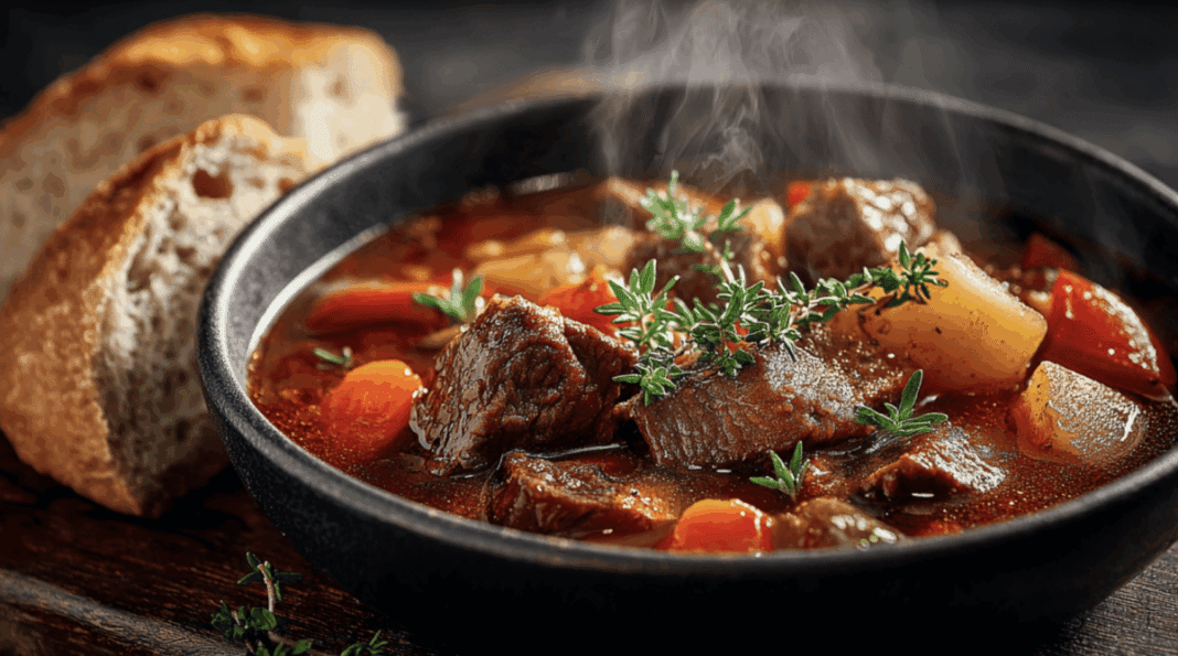 Bowl of easy beef stew with tender beef, potatoes, and carrots