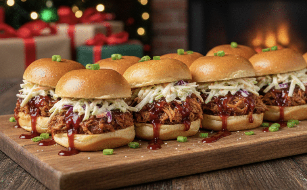 pulled pork sliders on a wooden board with barbecue sauce and coleslaw