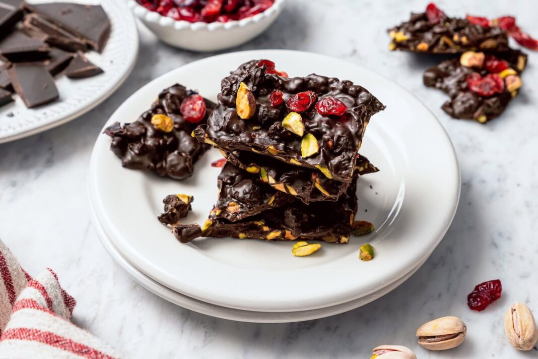 Fit Fusion Hacks Dark Chocolate Bark with Pistachios and Cranberries