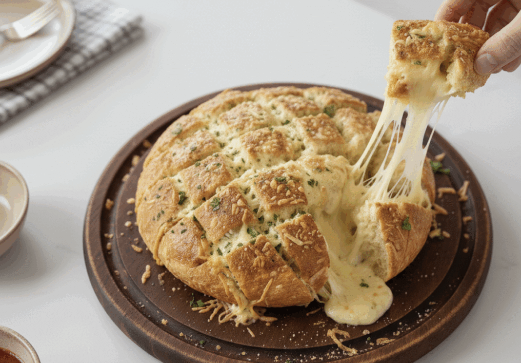 cheesy pull-apart bread with garlic butter on a wooden serving plate